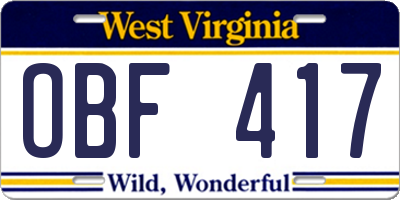 WV license plate OBF417