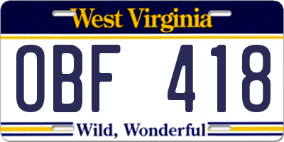 WV license plate OBF418