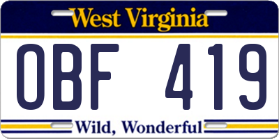 WV license plate OBF419