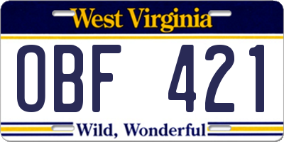 WV license plate OBF421