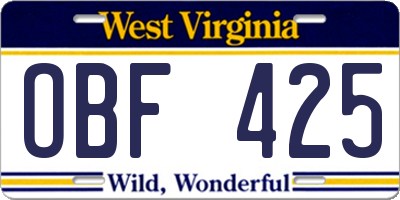 WV license plate OBF425