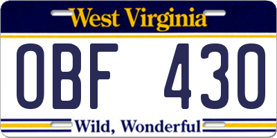 WV license plate OBF430