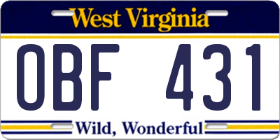 WV license plate OBF431