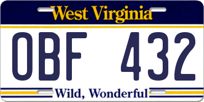 WV license plate OBF432