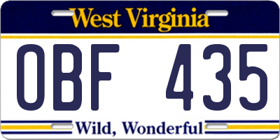 WV license plate OBF435