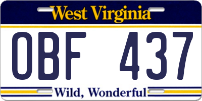 WV license plate OBF437