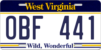 WV license plate OBF441