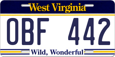 WV license plate OBF442