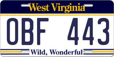 WV license plate OBF443