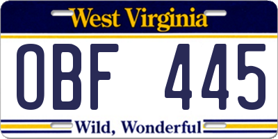 WV license plate OBF445