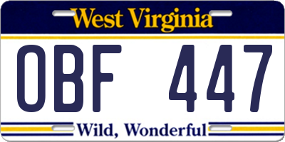 WV license plate OBF447