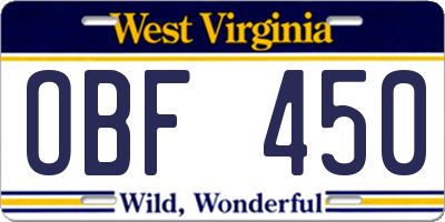 WV license plate OBF450