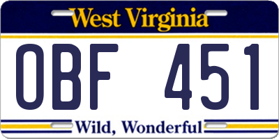 WV license plate OBF451