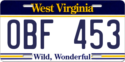 WV license plate OBF453