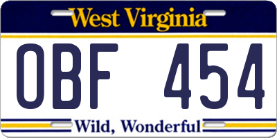 WV license plate OBF454