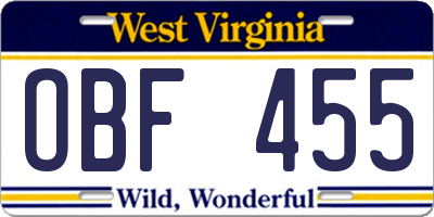 WV license plate OBF455
