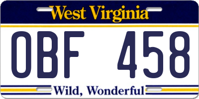WV license plate OBF458