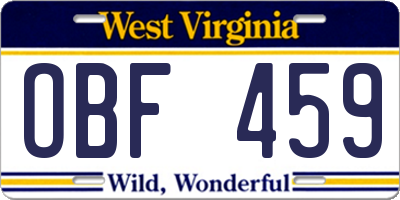 WV license plate OBF459
