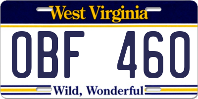 WV license plate OBF460