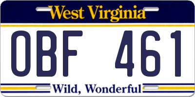 WV license plate OBF461