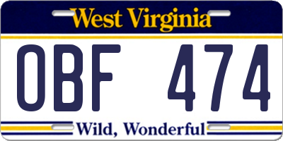 WV license plate OBF474