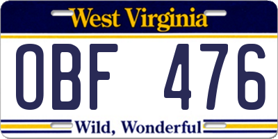 WV license plate OBF476