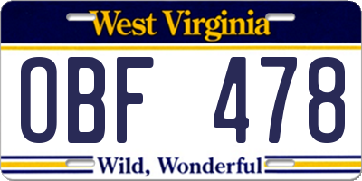 WV license plate OBF478