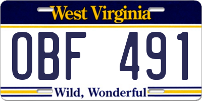WV license plate OBF491