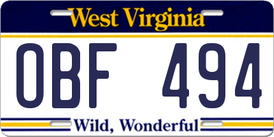 WV license plate OBF494