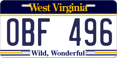 WV license plate OBF496