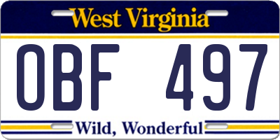 WV license plate OBF497