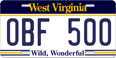 WV license plate OBF500