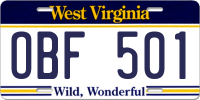 WV license plate OBF501