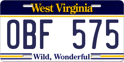 WV license plate OBF575