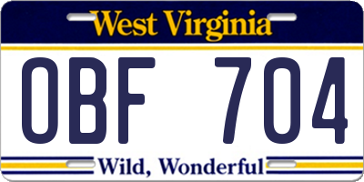 WV license plate OBF704