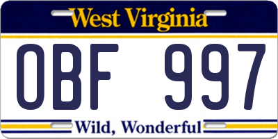 WV license plate OBF997