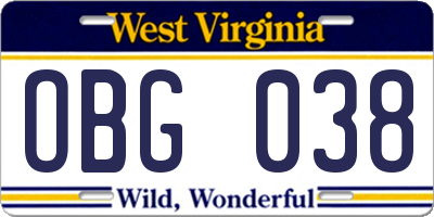 WV license plate OBG038