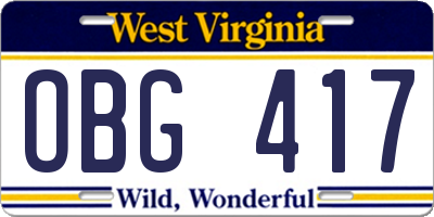 WV license plate OBG417