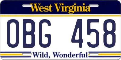 WV license plate OBG458