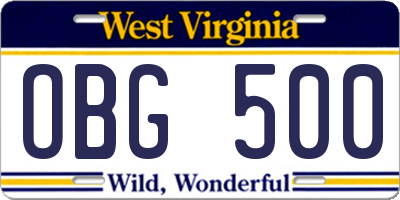 WV license plate OBG500