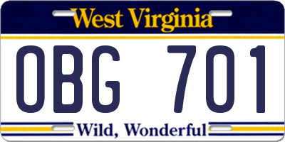 WV license plate OBG701