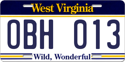 WV license plate OBH013