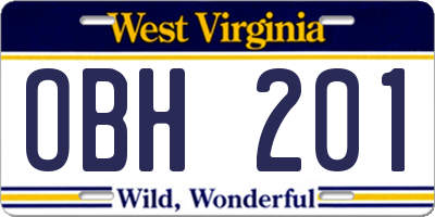 WV license plate OBH201