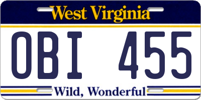 WV license plate OBI455