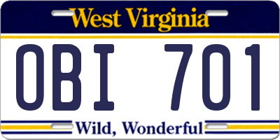 WV license plate OBI701