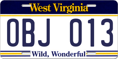 WV license plate OBJ013
