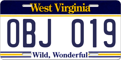 WV license plate OBJ019