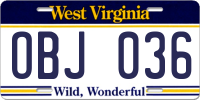 WV license plate OBJ036
