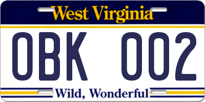 WV license plate OBK002