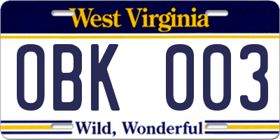 WV license plate OBK003